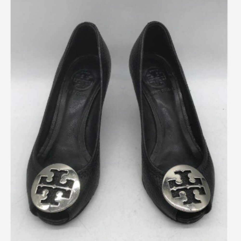 Last Chance TORY BURCH Black Peep Toe Wedge Heels - Size 4M